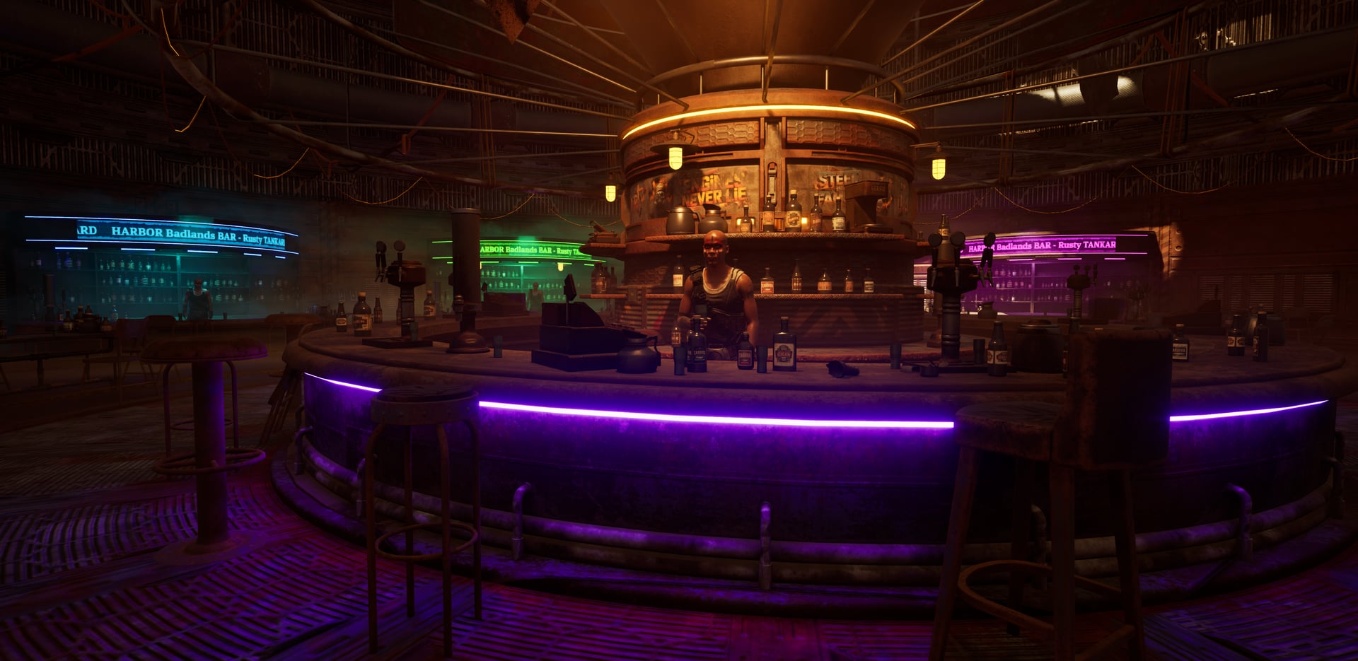 The Harbor Bar interior inside the safe zone where survivors trade and gather in Harbor