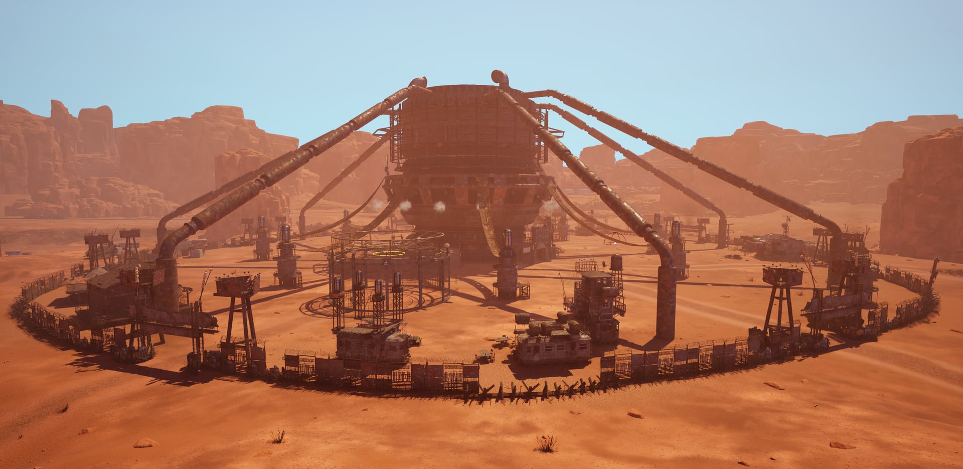 The Harbor safe zone at the centre of the wasteland, the only safe haven in the game world